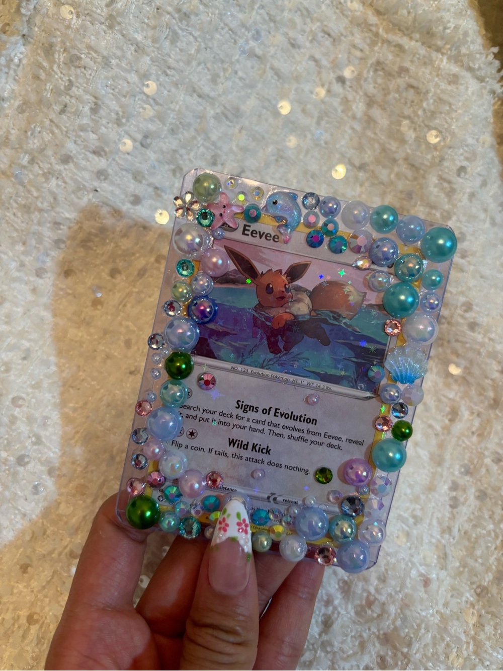 Pokemon Eevee Card with Pastel Blue, Pink, Green and Pearl Accents